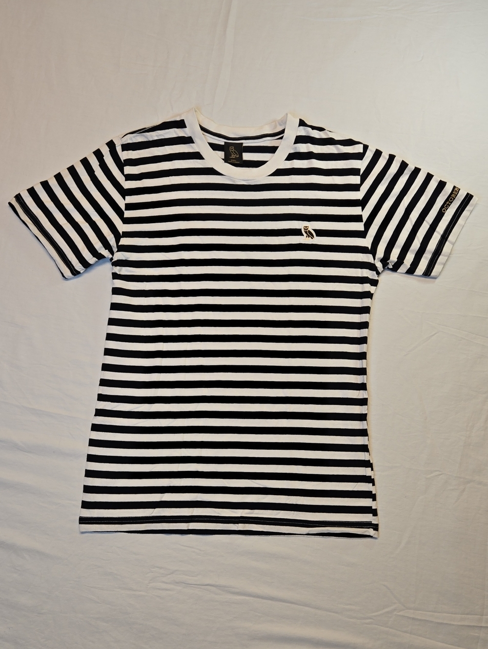 Ovo Octobers Very Own Black & White Stripe Crewneck T-Shirt with Gold Accents